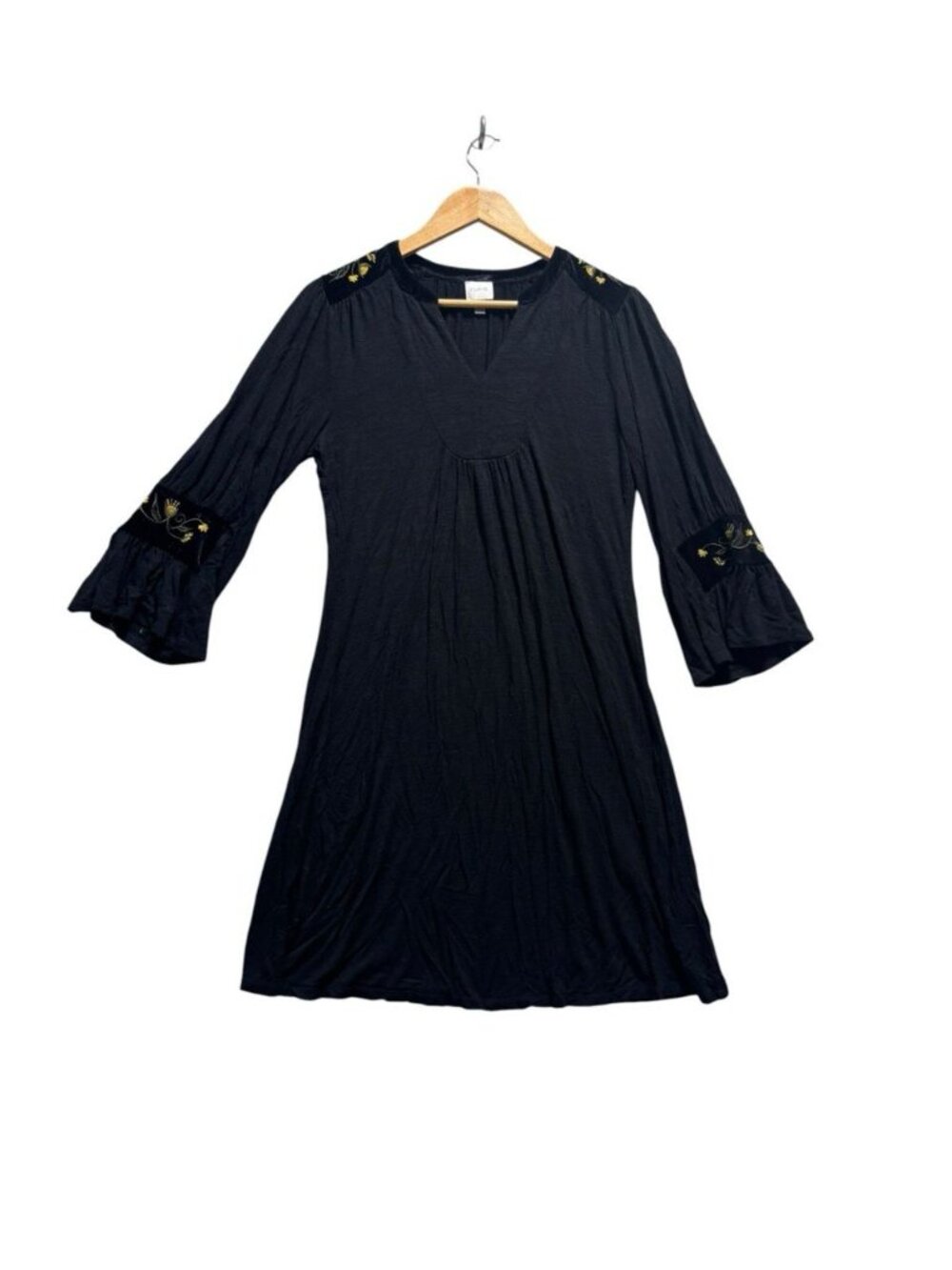 Cupio Women’s Small Black Embroidered Bell Sleeve Tunic Dress Boho Viscose - Picture 2 of 11